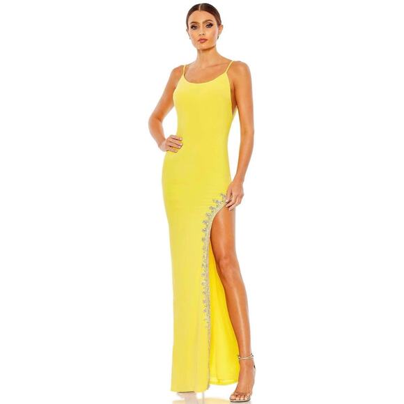 Mac Duggal 42002 Yellow Scoop Neck Beaded Slit Prom Dress Size 4 - Picture 1 of 7